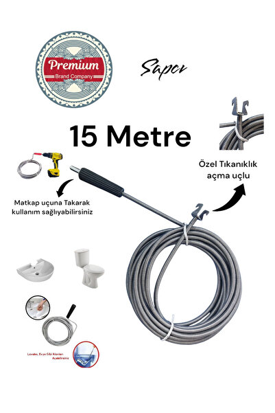 Sapcı Premium 15 metre Matkaplı Kullanım Özel Seri Lavabo gider açıcı Kanal S...