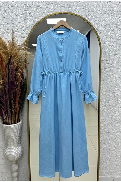 MİHRA STORE Almina Muslin Lace-Up Dress-Na2418 Blue