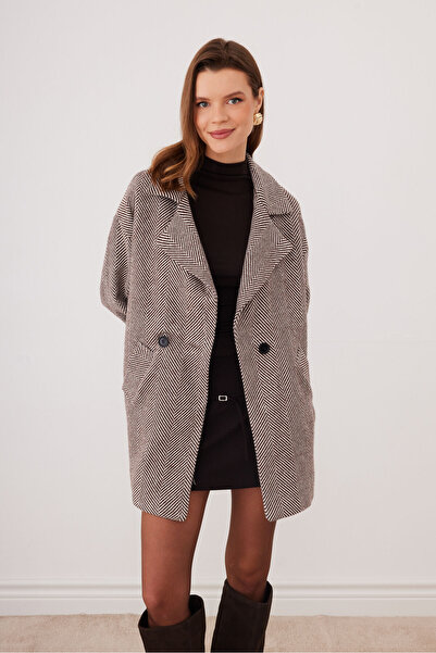 SevdeUgur Γυναικείο παλτό με επένδυση σε καφέ χρώμα με σχέδιο ψαροκόκαλο - Se...