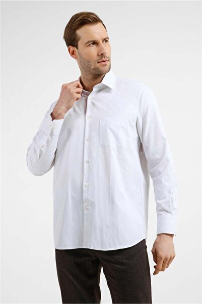 İmza Cămașă din bumbac cu model în dungi alb-bej, cu guler rigid, mânecă lung...