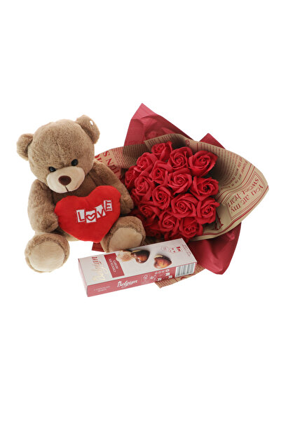 GiftExpress Romantic Gift Set with Bouquet of Red Roses, Teddy Bear and Choco...