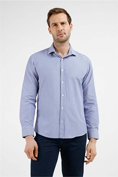 İmza Μπλε ναυτικό - Λευκό ριγέ μοτίβο Ιταλικό πουκάμισο με γιακά, μακρύ μανίκ...