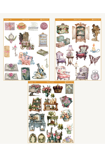 MirayDesign 6 Sayfa Vintage Temalı Sticker Seti (12*17 cm)/Scrapbook, Bullet Journal, Planlayıcı İçin