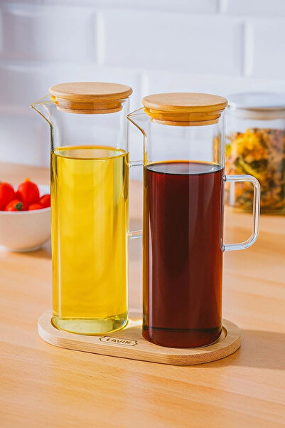 YzHome Set of 2 Glass Oil Pots/Vinegar Cruets with Bamboo Base 400Ml-400Ml
