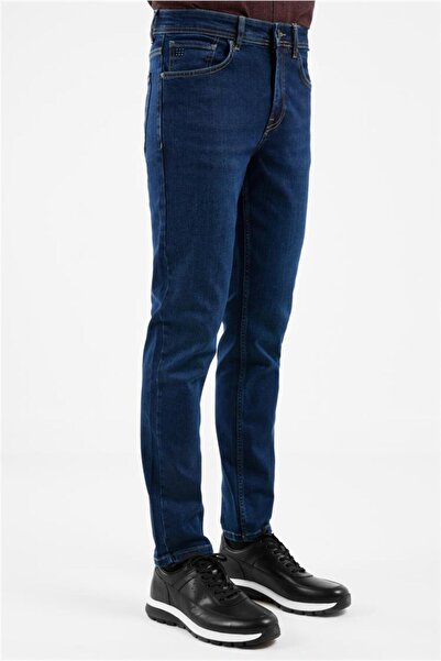 İmza Navy Blue Gabardine 5-Pocket Straight Leg Casual Slim Fit Cotton Denim T...