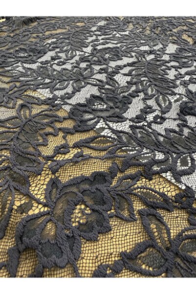 METERİAL قماش دانتيل أسود مزخرف بالزهور - عرض 130 سم مع نقش بارز