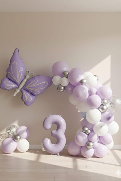 Patladı Gitti Butterfly Themed 3Rd Birthday Balloon Set – Lilac White Silver