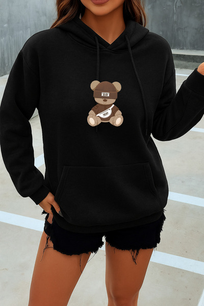 INFLUYENTE Women's Winter Cotton Bear Printed Hooded Oversize Sweatshirt with...