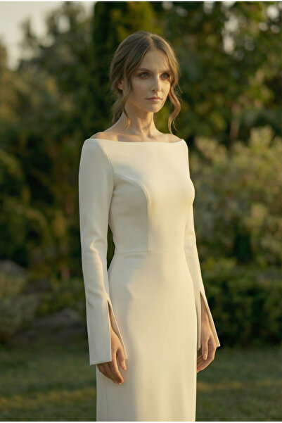 berissima bride Kayık Yaka Nikah Elbisesi, Uzun Yırtmaç Kol, Kırık Beyaz, Max...