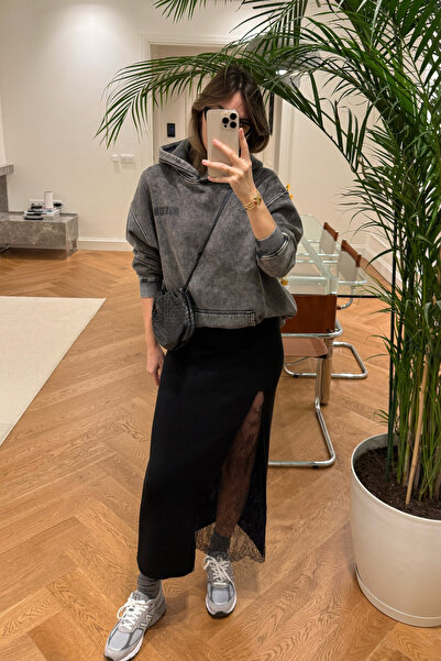 5in1Canpolat Black Lace Detailed Knitwear Skirt 251007