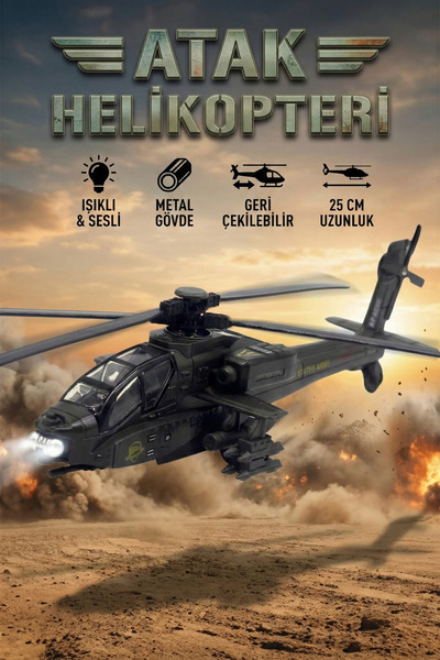 craftivio Metal Işıklı ve Sesli Atak Savaş Helikopteri 25 Cm Çek Bırak Oyunca...
