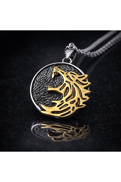 voyageaccessory Men's Wolf Figured Steel Necklace – Silver and Gold Tone Stai...