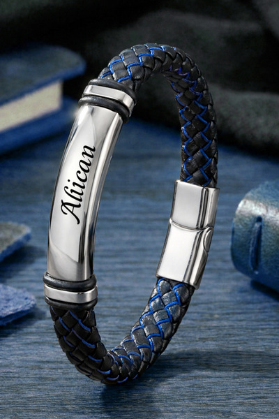 OSMANLI GÜMÜŞ Men's Leather Bracelet Shiny Steel Name-Engravable Black Blue K...