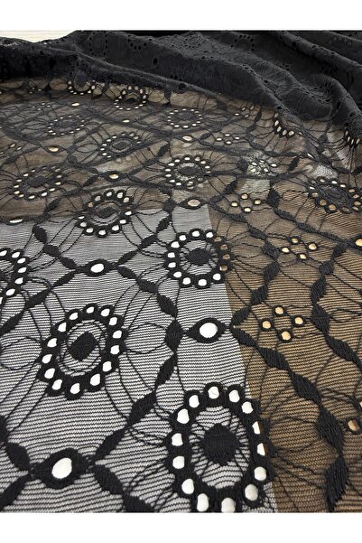 METERİAL Black Geometric Motif Guipure Lace Fabric - 135 cm Width