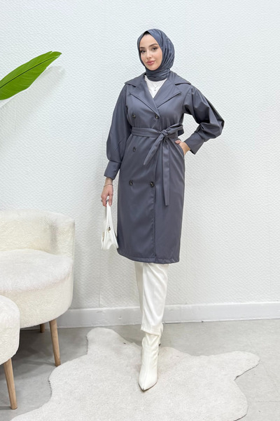 Tesettür Diyarı Махи без подплата, с колан, скроен в стил тренч - антрацит