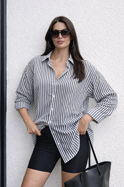 RAMİOR COLLECTION Women's Gray White Striped Oversize Long Sleeve Cotton Shirt