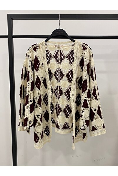 Hatun Atila Women's Square Motif Lace-Like Knit Ethnic Patterned Bohemian Kim...