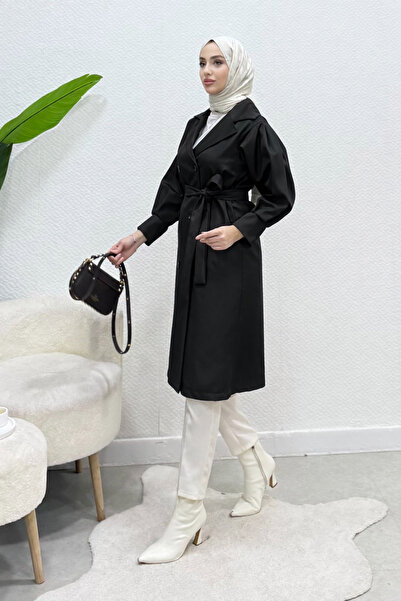 Tesettür Diyarı Trench coat Mahi fără căptușeală, cu curea, stil Tesettür - N...