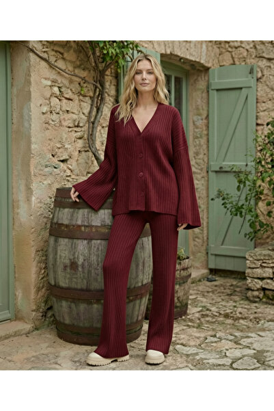 Pinkpilly Oversize Burgundy Knitwear Cardigan Trouser Set |   Braided Top and...