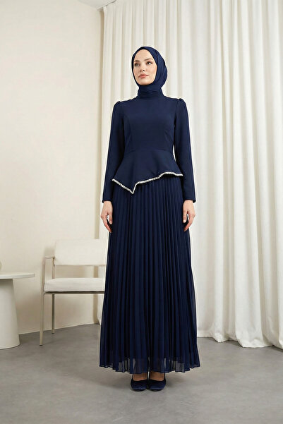 MODAQU Pleated Skirt Crepe Dress - Navy Blue