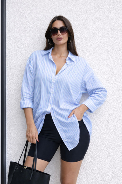 RAMİOR COLLECTION Kadın Mavi Çizgili Pamuklu Oversize Gömlek – Rahat Kalıp Gü...