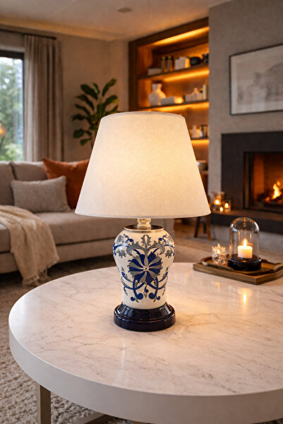 ferayhome Abajur Aydınlatma Şah Mavi Çiçekli Beyaz Şapka GÜMÜŞ - Feray Home