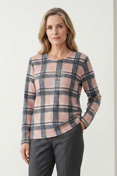 YXL COLLECTION Women's Plus Size Lycra Crew Neck Stone Printed Plaid Pattern ...