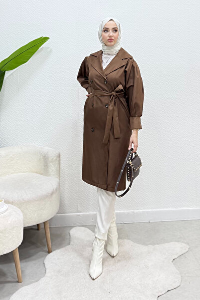 Tesettür Diyarı Махи без подплата, с колан, скроен тренчкот - кафяв