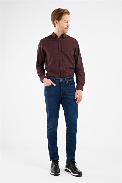 İmza Navy Blue Gabardine 5-Pocket Straight Leg Casual Slim Fit Cotton Denim T...