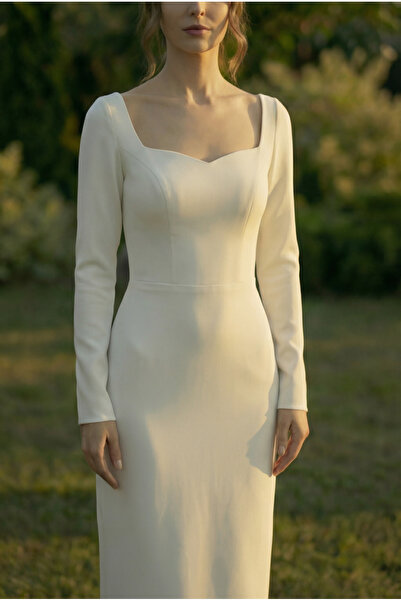 berissima bride Kalp Yaka Nikah Elbisesi, Uzun Kol, Maxi Yırtmaçlı Etek, Celine