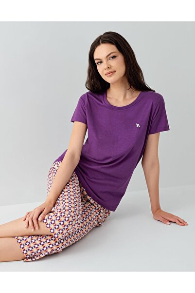 Arnetta Set de pijamale mov cu mânecă scurtă pentru femei – 50% bumbac, 50% m...