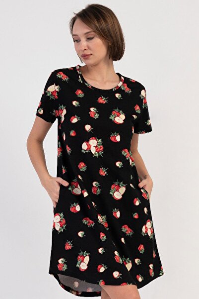 VİENETTA Women's Large Size Short Sleeve Pocket Strawberry Pattern Black Nigh...
