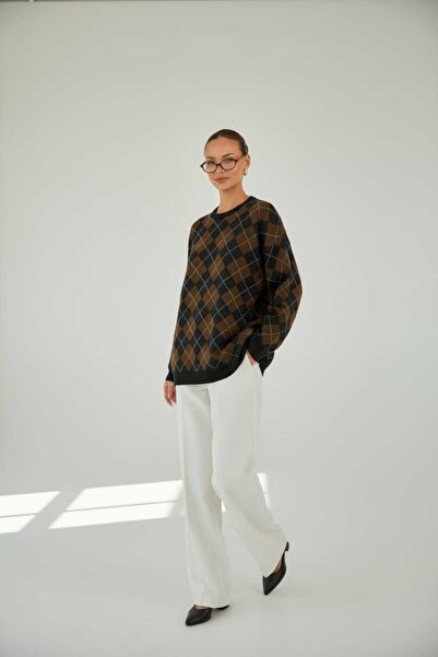 ABAY GİYİM Women's Small Argyle Pattern Knitwear Tunic Sweater Crew Neck Long...