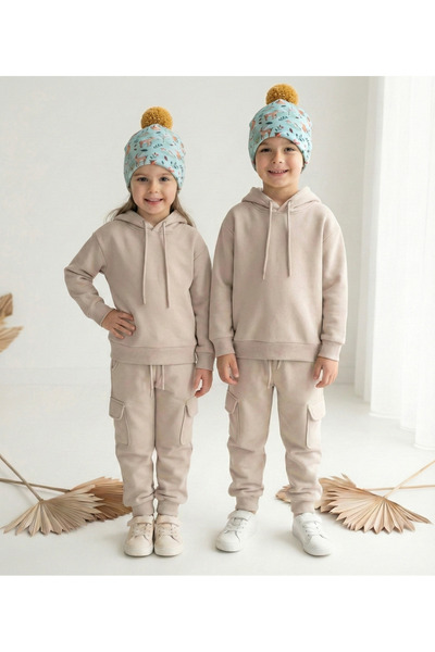 chipiques Beige Color Hooded Children's Thick Sweatshirt Set - Comfortable, W...