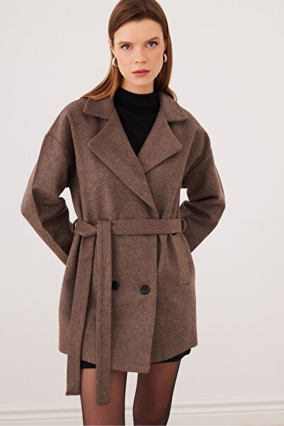 SevdeUgur Women's Mink Oversize Short Cashmere Coat with Belt and Lining - Se...