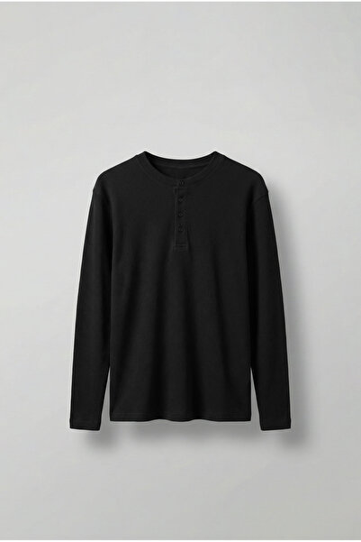 ablukaonline Men's Oversize Buttoned Basic Long Sleeve T-Shirt Black
