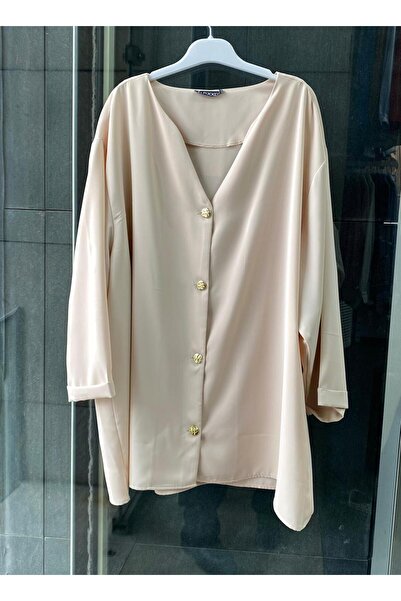 PERA MODA Plus Size Gold Buttoned V-Neck Stylish Women's Shirt