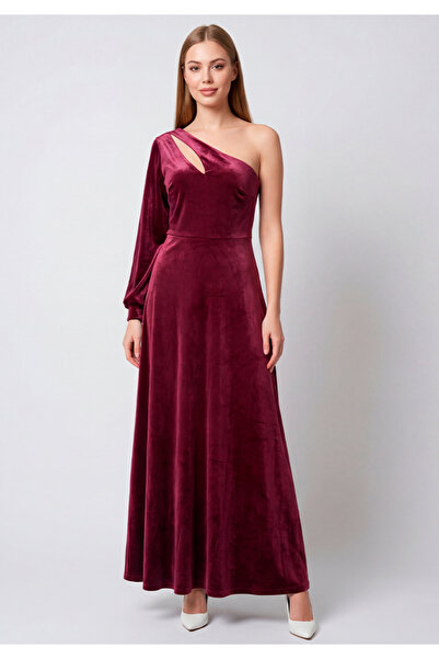 Little Visqon Βελούδινο μακρύ βραδινό φόρεμα με έναν ώμο και ντεκολτέ