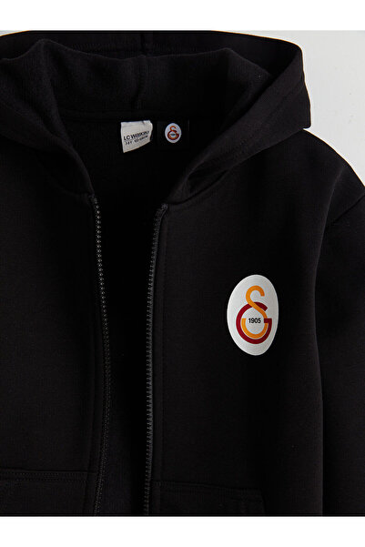 LC Waikiki Siyah Kapüşonlu Galatasaray Baskılı Erkek Çocuk Fermuarlı Sweatshirt