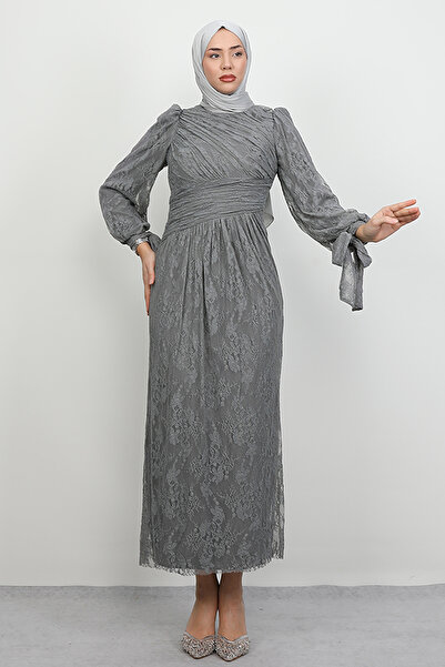 Lamia Giyim Dantel Kol Bağlama Abiye Koyu Gri