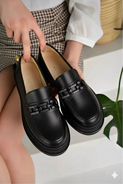 Scarpebutik Loafer Thick Sole Full Black Ballerina Women's Moccasin
