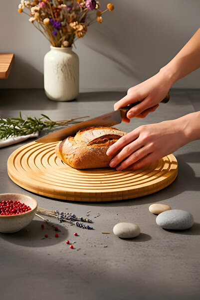 Tutku Home Bambu Yuvarlak Çizgili Sunum Tahtası 28 Cm