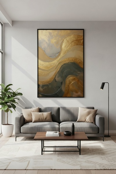 hollywest Altın Işıltılı Soyut Dalgalı Tasarım Duvar Dekoru | Modern Çerçevel...