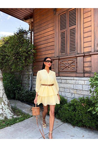 ÇEÇİM Kemerli Kat Detaylı Sarı Elbise NSA-58035