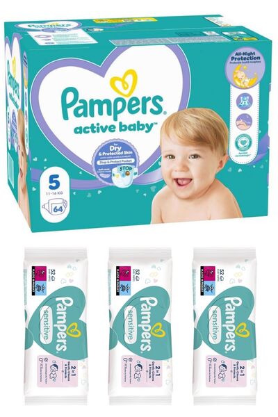 Pampers ACTIVE BABY GP 5 11-16KG (64 PCS) x1 + WET WIPES SENSITIVE PROTECT (5...