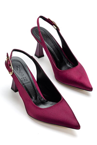 Hayalimdeki Ayakkabı Women's Burgundy Satin Open-Back Pointed Thin Heeled Shoes