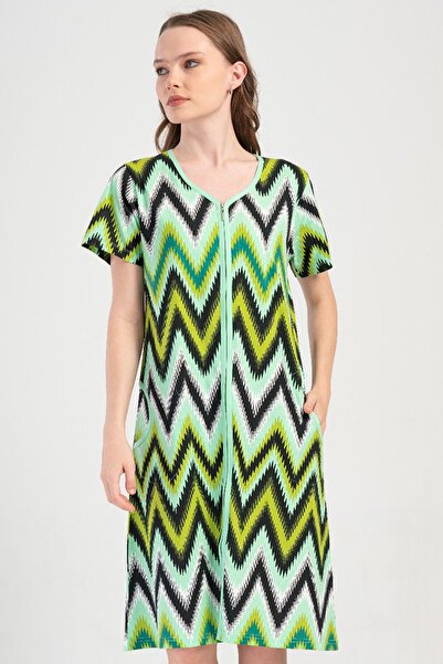 VİENETTA Women's Short Sleeve Zippered Zigzag Patterned Mint Home Dress C5T1N...