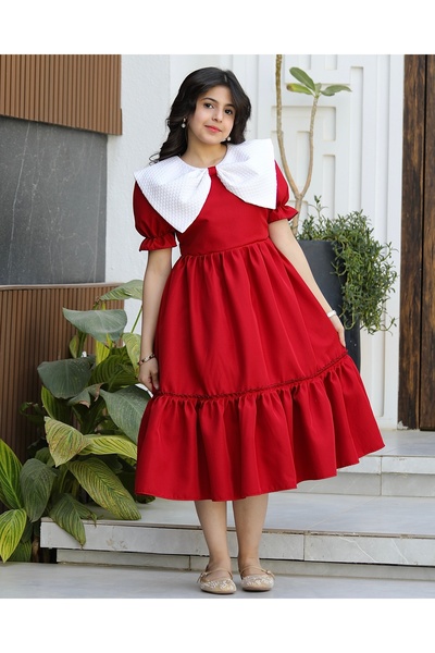 Totikids Girls' red dress with a large bow collar and ruffled hem | Colors (r...