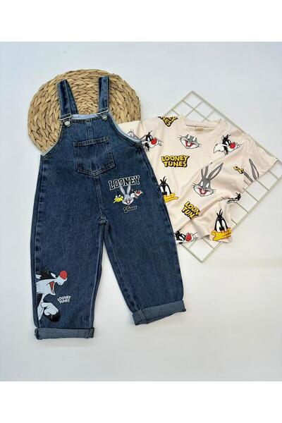 Mişsa Bebe Baskılı Çocuk Kot Salopet Trend 2 Parça Kombin 3-6 Yaş