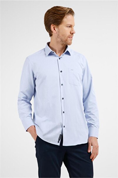 İmza Blue - Navy Blue Striped Pattern Hard Collar Long Sleeve Pocket Comfort ...